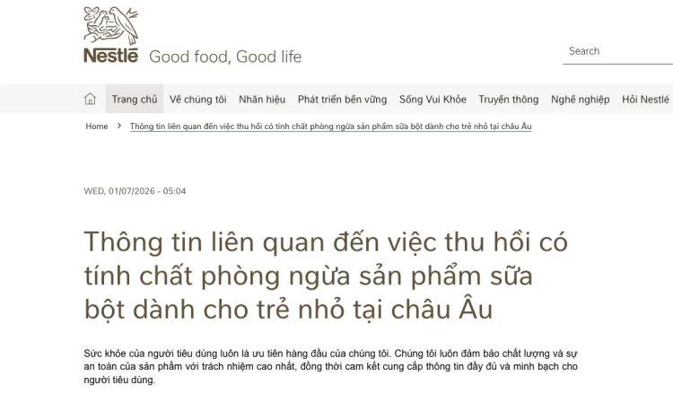 Nestlé thu hồi sữa bột: Phân tích nguyên nhân và phản hồi từ phía doanh nghiệp